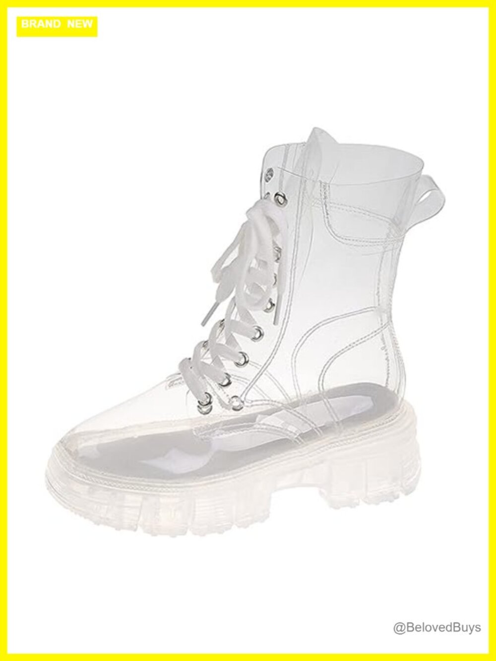 Transparent PVC Lace Up Platform Combat Ankle Boots Waterproof Clear Booties